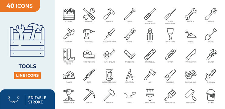 Construction tools icon set. related icon for carpenter, builder equipment store.  Hammer, screwdriver, saw, spanner, paintbrush, etc. Outline Icon Collection. Vector illustration. Editable stroke	