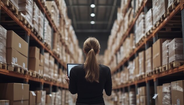 Woman Uses Tablet And Scanner In Warehouse For E-Commerce, Logistics, And Inventory Management Of Online Orders. Industrial Worker Utilizes Digital Software For Dropshipping Services.