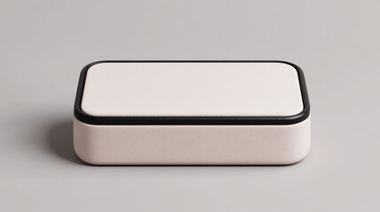 Die-cut box design with a minimalistic style, featuring a smooth surface and black trim against a subtle gray background.
