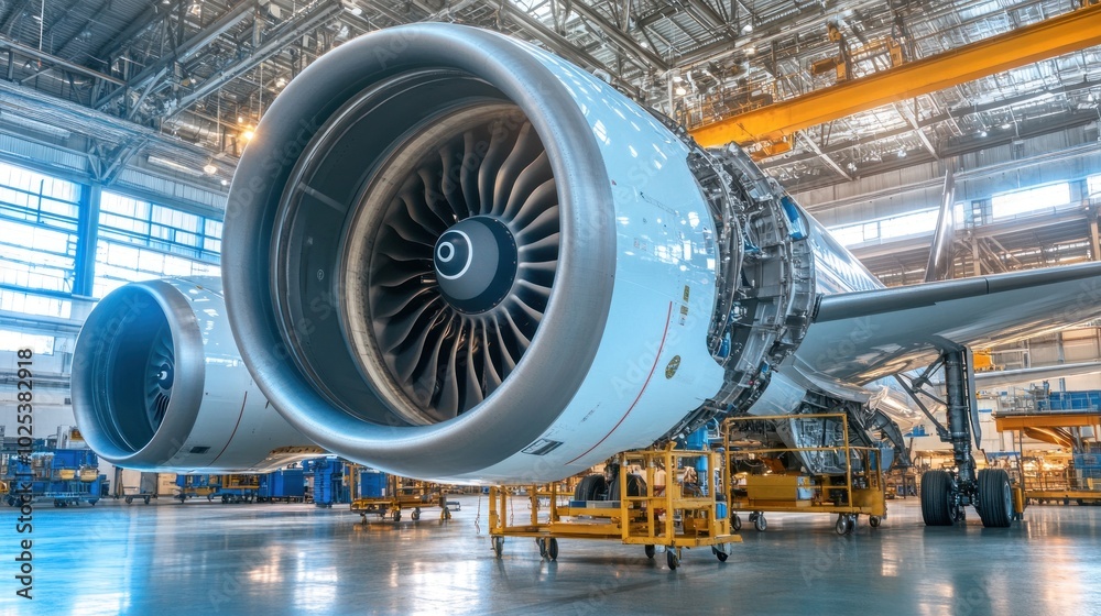 Poster airplane engine close-up in hangar with landing gear visible