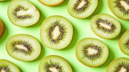 A flat lay of sliced kiwi fruit on a green background.
