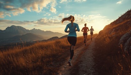 Fototapeta premium Running, Working Out, And Socializing In Nature For Exercise, Warm-Up, And Marathon Training Together: Support And Challenge In Wellness Fitness Settings.