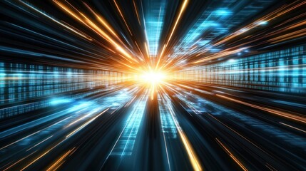 Fototapeta premium Abstract Digital Tunnel with Bright Light and Blue Data Streaks
