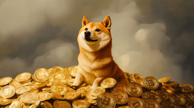 doge cryptocurrency meme dog sitting on pile of coins humorous financial concept 