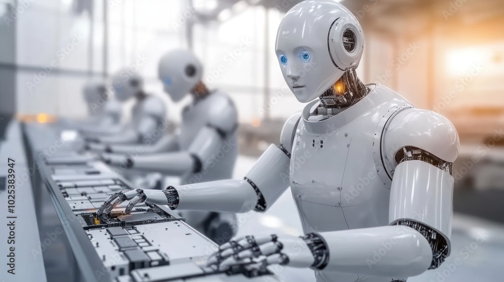 Aufkleber humanoid robot working on a circuit board in a factory setting