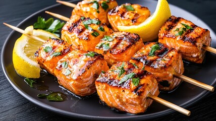 Grilled salmon skewers with lemon and herbs on a black plate.