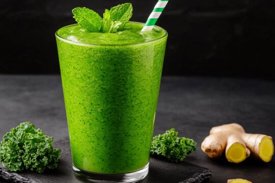Fantasy detox smoothie, where the ingredients like kale, ginger, and mint glow with energy, creating a magical elixir that purifies and energizes