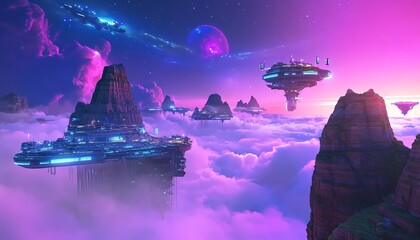 Fototapeta premium Futuristic alien landscape with flying saucers