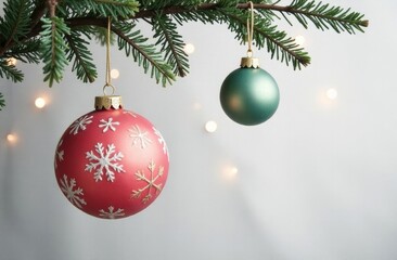 Beautifully decorated Christmas tree ornaments hanging from evergreen branches with twinkling lights in the background during the holiday season