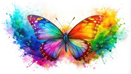 Brightly colored butterfly with watercolor splashes on white background