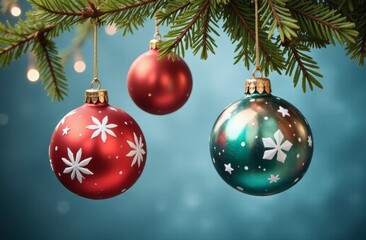 Colorful Christmas ornaments hanging from a pine tree branch during festive season