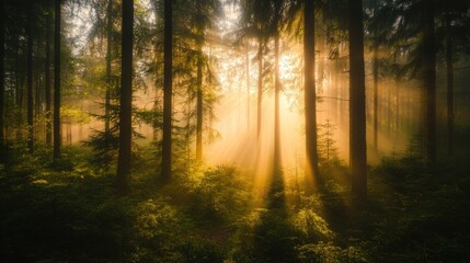 Sunbeams pierce through a dense forest at sunrise, illuminating the mist and creating a magical atmosphere.