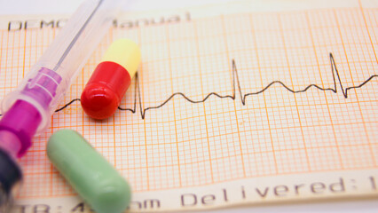 EKG paper with pills on top, white background, isolate