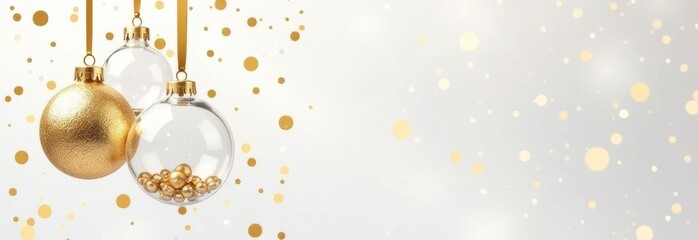 Golden holiday ornaments hanging against a shimmering backdrop of festive bright gold polka dots