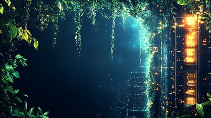 Obraz premium A glowing city skyline with vines and leaves in the foreground, creating a surreal and mysterious atmosphere.
