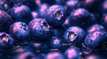 blue blueberries and water, purple color and transparent texture style, animated aesthetics