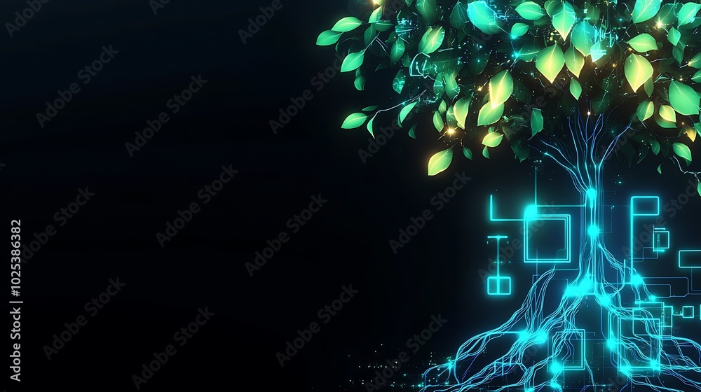 Poster A glowing tree with roots in a digital network.