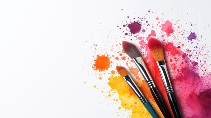 Paint brushes with colorful splashes on a white background.