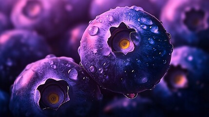 blue blueberries and water, purple color and transparent texture style, animated aesthetics