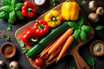 Fresh vegetables on a wooden table, perfect ingredients for a healthy meal.