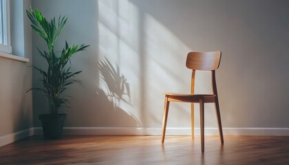 Sunlight Illuminates a Wooden Chair in a Minimalist Room.