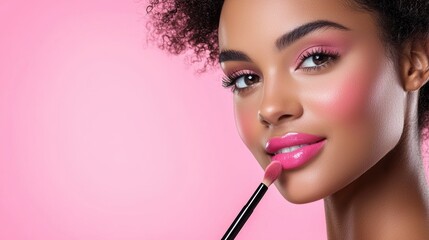 Model Applying Makeup with Soft Blush on Cheeks