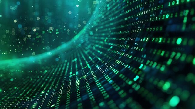 Abstract Digital Data Flow with Binary Code and Green Glows