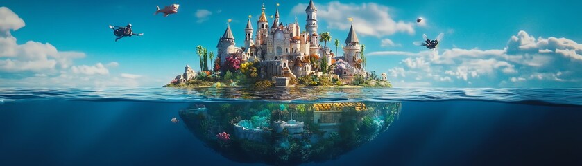 Obraz premium Fantasy castle on island in ocean