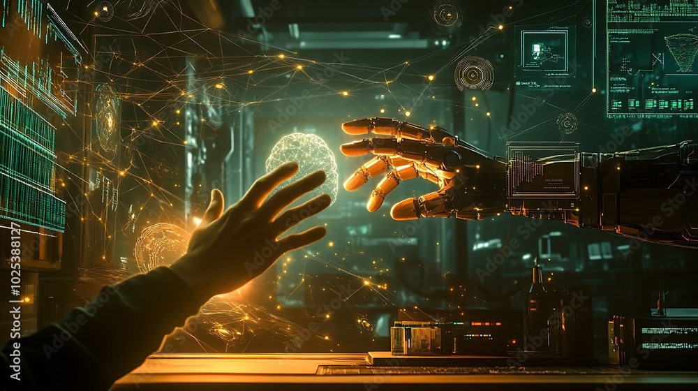 Poster a human hand reaches out to a robotic hand, both grasping a glowing orb, symbolizing the connection 