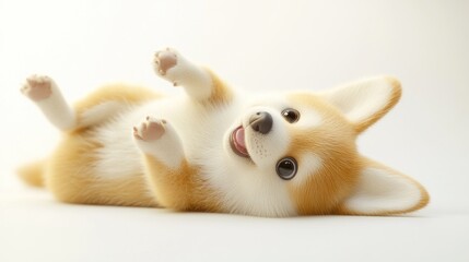 A cute, fluffy, brown and white puppy lays on its back with its paws in the air and tongue sticking out.