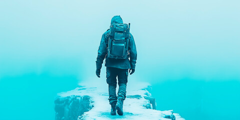 cinematic, mysterious scene. man in warm clothing with backpack walking along a stone path or bridge, disappearing into the mist. abyss on both sides. suspense, intrigue. Banner. Generative Ai content