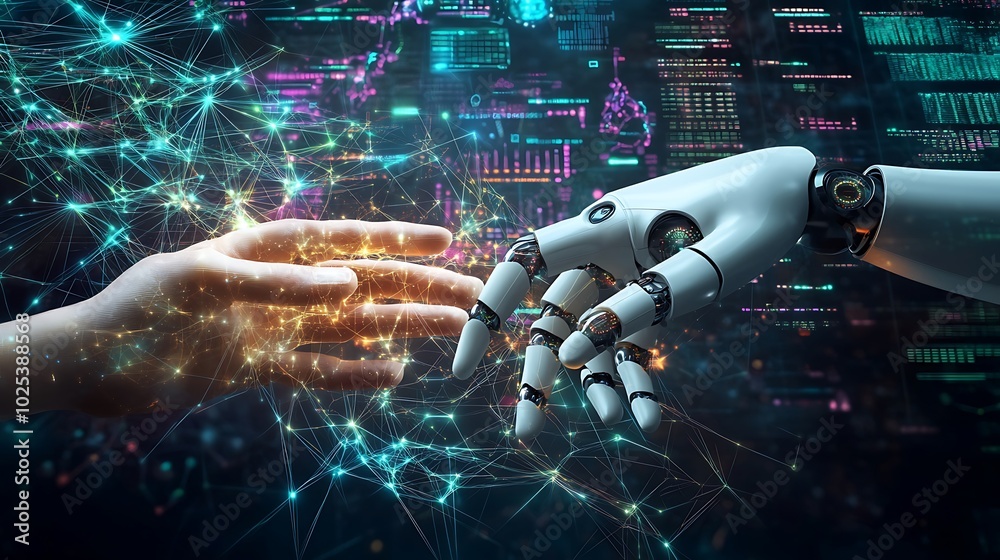 Poster a human hand reaches out to touch a robotic hand, symbolizing the relationship between humanity and 