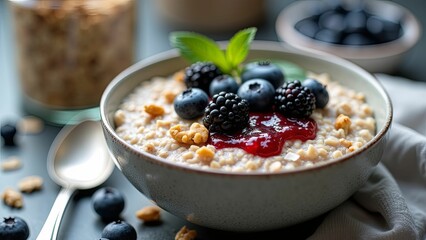 Oatmeal with fresh berries and jam topping

