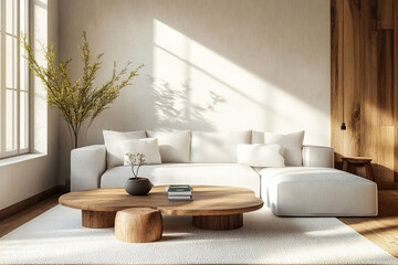 "Modern Japandi Style Living Room,Scandinavian Elegance with Natural Wood and Plaster Accents in Sunny Interior
