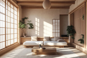 "Modern Japandi Style Living Room,Scandinavian Elegance with Natural Wood and Plaster Accents in Sunny Interior