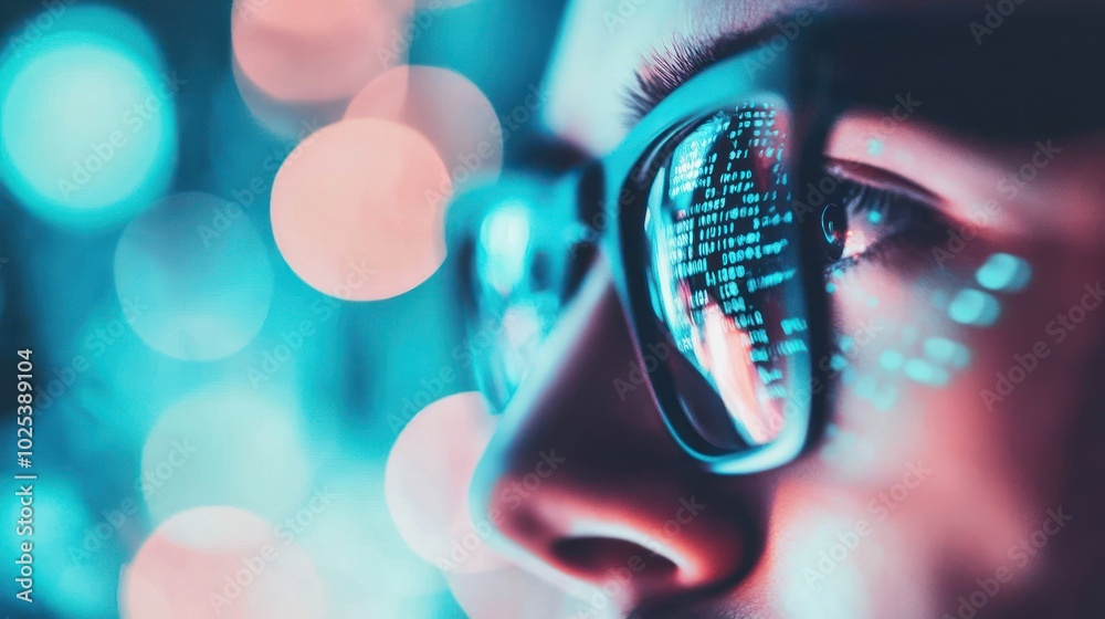 Poster close-up of a person's eye with reflected code and blurred lights