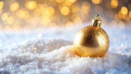 Christmas decoration with gold ball on snow macro