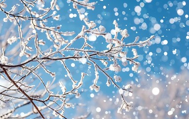 Tree branches covered with snow in winter, close-up, background