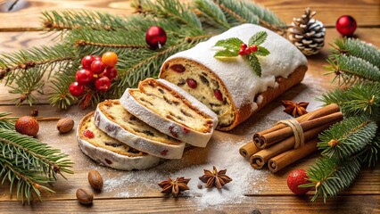 Christmas stollen topped with marzipan and festive decorations, seen from above