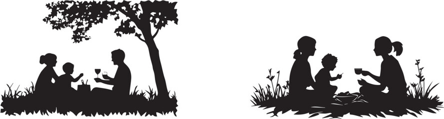 Silhouette of a family enjoying a picnic, picnic in park silhouette vector