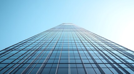 Fototapeta premium A low angle view of a modern skyscraper reaching towards a bright blue sky.