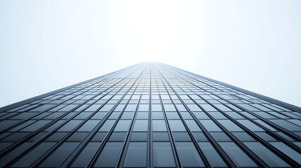 A low angle view of a tall skyscraper reaching towards the sky.