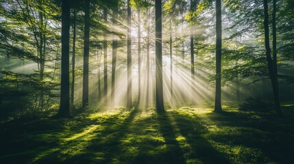 Obraz premium Sunlight beams through a misty forest, illuminating the lush green foliage and creating long shadows on the forest floor.