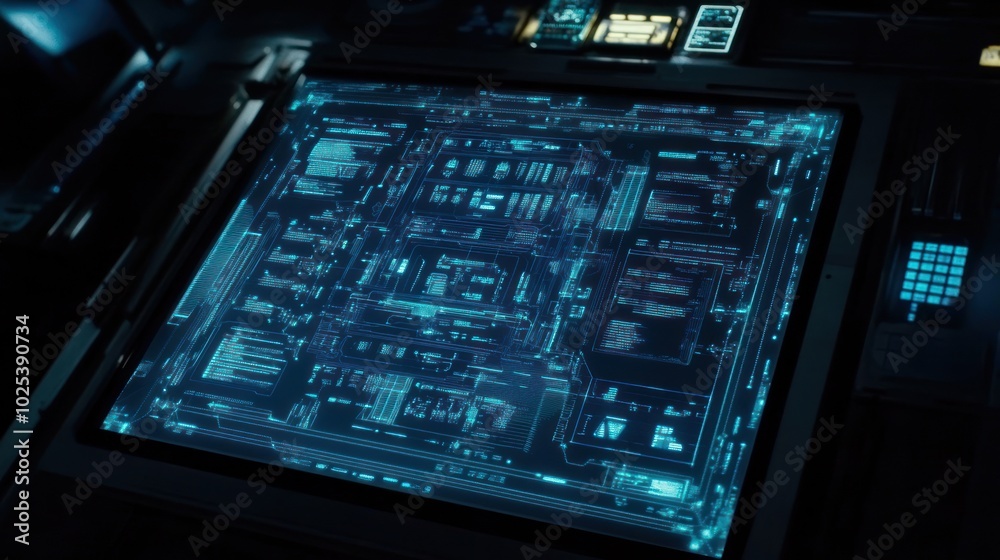 Aufkleber futuristic interface with glowing blue data on a dark background