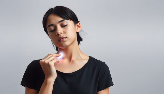 Teenage girl practicing EFT or emotional freedom technique - tapping on the collarbone point isolated with white highlights, png