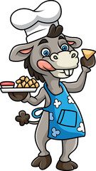 Donkey wearing apron and chef hat holding plate