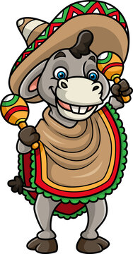 recommend clip art: Donkey in Mexican sombrero hat and poncho with maracas