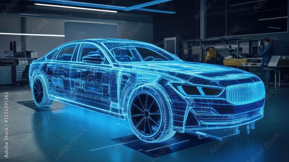Poster wireframe of a modern sedan in a workshop environment