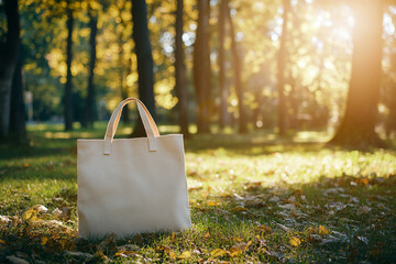 Minimalist Tote Bag Mockup Outdoors,Large Sturdy Cloth Bag with Parallel Handles in Bright Natural Setting