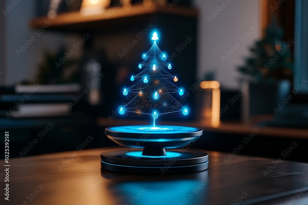 Poster Floating digital Christmas tree made of light particles, with each ornament representing a family memberâ€™s location in real-time, connecting loved ones across the globe